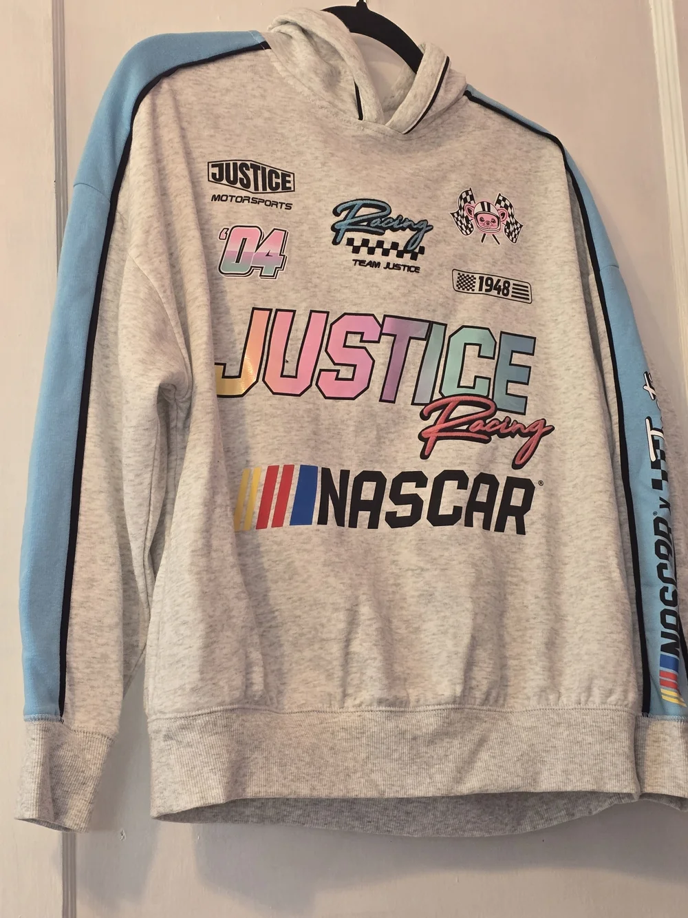 Justice Girls Light Gray & Light Blue NASCAR Racing Hoodie